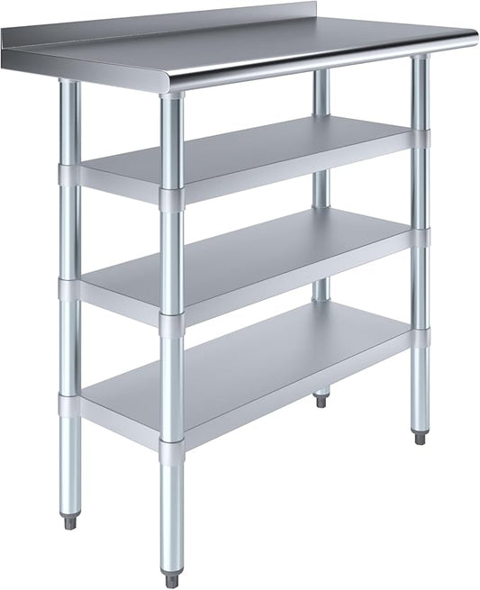 AmGood Stainless Steel Work Table with 1.5" Backsplash and 3 Shelves | Metal Kitchen Food Prep Table | NSF (36" Long x 18" Deep)