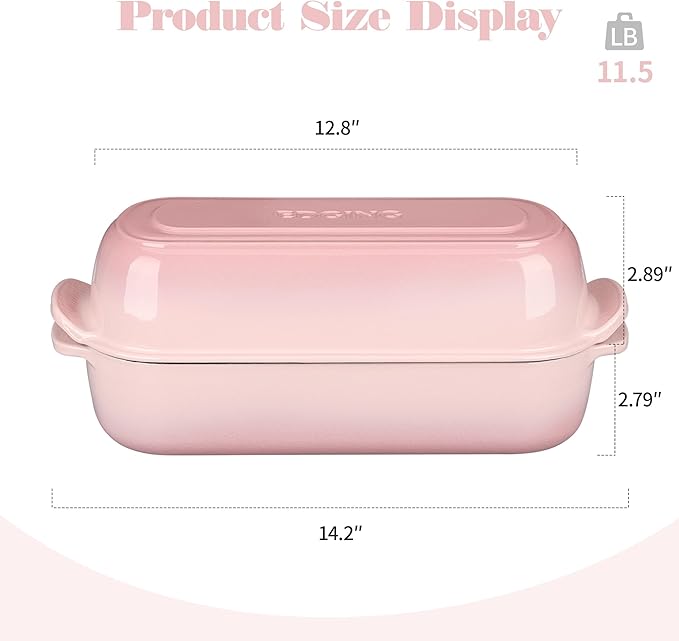 Enameled Cast Iron Loaf Pan with Lid, Bread pan, Dutch Oven Bread pan for Homemade Sourdough Bread Baking, 12.5x5.5 inch, 5qt, Pink