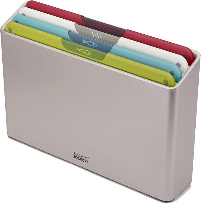 Joseph Joseph Folio Icon 4-Piece Multi Colour coded Cutting Board Set, Slimline case for organized Kitchen storage, Silver