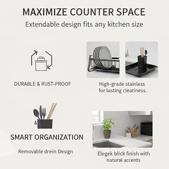 Dish Rack, Over Sink Metal and Wood Dish Drainer with Detachable Drip Tray and Utensil Holder, Space Saving Kitchen Organizer for Countertop (Black)