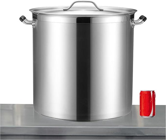 CURTA 75 Quart Large Stock Pot with Lid - Bottom Width 17.7 Inches - NSF Listed 3-Ply Clad Base 18/8 Stainless Steel Commercial Induction Ready Cookware