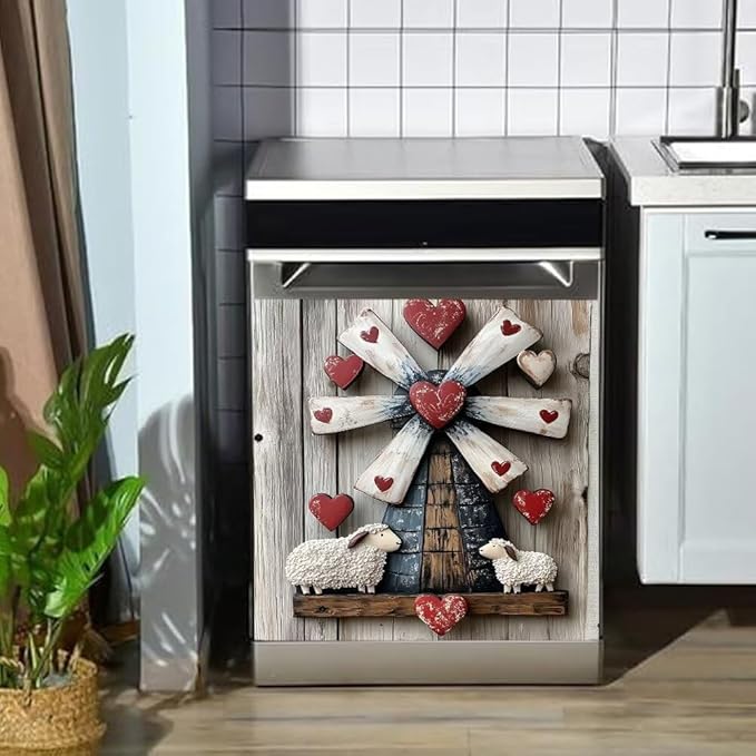 Dishwasher Magnet Cover, Rustic Farmhouse Windmill with Sheep and Hearts Refrigerator Magnetic Vinyl Sticker for Dishwasher Door, Decorative Kitchen Appliance Panel Decal, 23Wx26H Inches