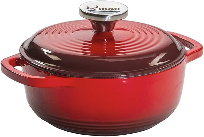 Lodge 1.5 Quart Enameled Cast Iron Dutch Oven with Lid – Dual Handles – Oven Safe up to 500° F or on Stovetop - Use to Marinate, Cook, Bake, Refrigerate and Serve – Red