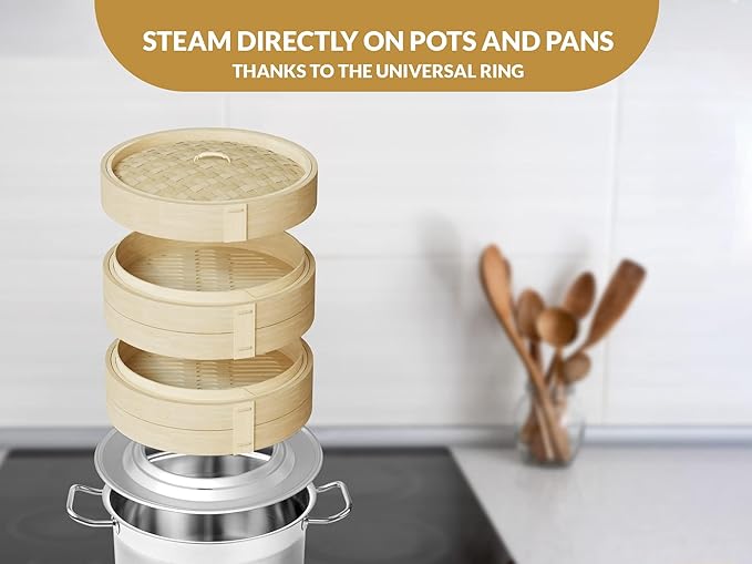 Bamboo Steamer 11-inch 2 Tier Dumpling Steamer Basket with Lid & 4 Chopsticks, Reusable Silicone Liners,Ring Adapter, Bun, Dim Sum, Rice Potsticker Steaming Chinese Asian Food & Vegetables, Fish, Meat.