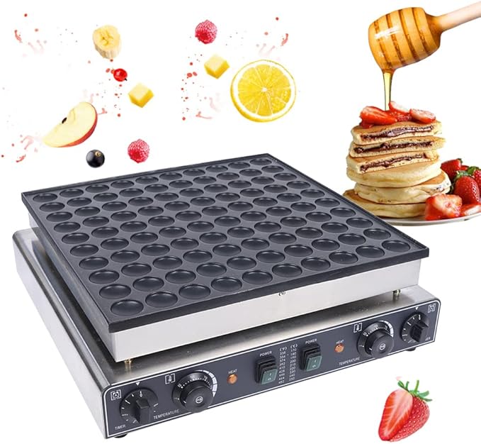 Mini Pancake Baker, 3400W Electric Pancake Making Machine with Two Independent Baking Zones and Heat Indicator, Home & Commercial Adjustable Temperature & Time Mini Pancake Maker 100 Pcs Capacity