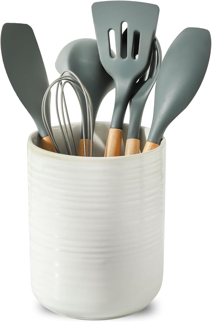 HASENSE Large Utensil Holder, 7.4" x 6.2" Ceramic Utensil Holder for Kitchen Counter, Utensil Oganizer for Utensil Set, Farmhouse Cooking Utensil Crock for Kitchen Decor, Clay-Infused White
