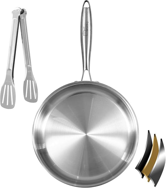 Tri-ply Stainless Steel Frying Pan 10 Inch Skillet for Chef's Cooking Pan Induction Oven Dishwasher Safe, Compatible with All Cooktops Up to 600℉ Come with Kitchen Tongs(Detachable Handle)
