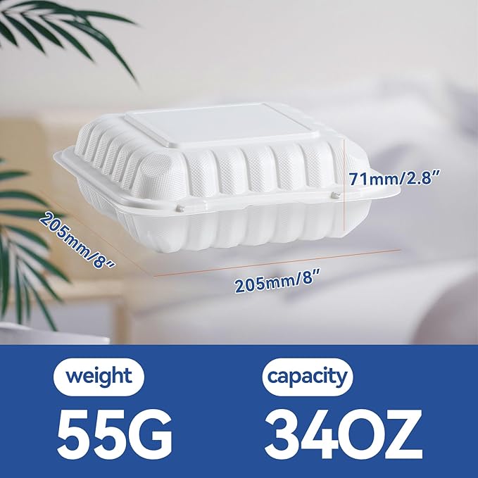 Food Containers 8" 34 oz 55 Pack - Mineral Filled PP Plastic 3 Compartment | Shrink Wrapped Food Grade BPA Free Clamshell | Reusable Dishwasher & Microwave Safe | White Commercial To Go Boxes