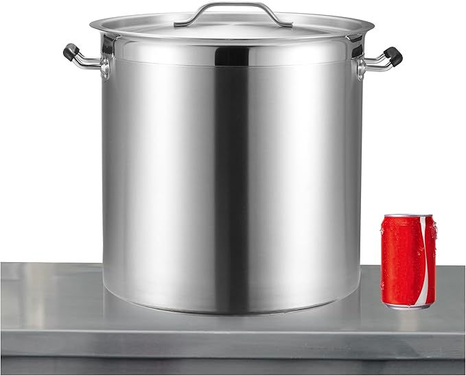 CURTA 32 Quart Large Stock Pot with Lid, NSF Listed, Induction Ready, 3-Ply Clad Base, 18/8 Stainless Steel Heavy Duty Cooking Pot, Commercial Cookware for Soup, Stew & Sauce, Riveted Silicone Handle