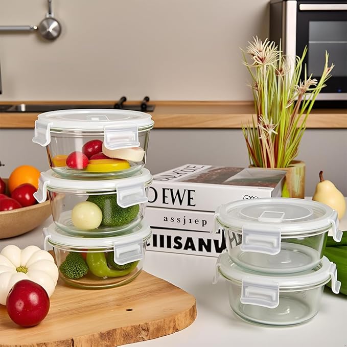 Small Round Glass Food Storage Containers With Lids, 1.5 Cup Round Meal Prep Bowls With Lids BPA-Free, Airtight Small Glass Food Containers for Microwave, Dishwasher, Freezer Safe-（4 pack）