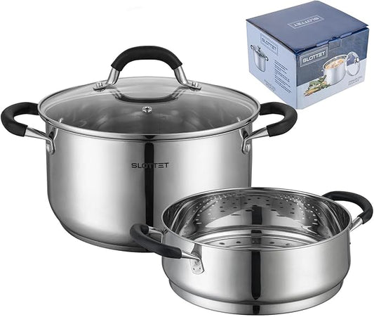 Stainless Steel 8 Quart Stock Pot with Steamer,8 Qt Deep Soup Pot for cooking,Multipurpose Stockpot with silicone Stay-cool Handle.Dishwasher and Oven Safe,Induction Stainless Steel Cookware