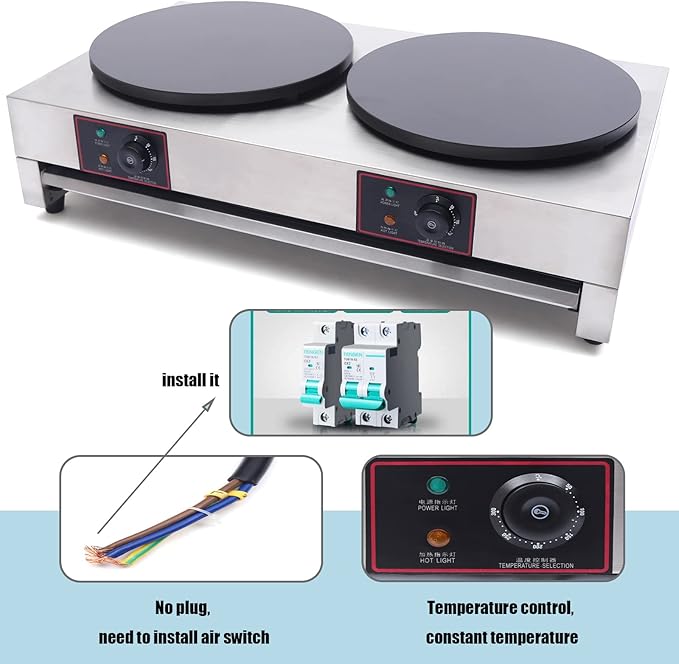 16" Commercial Electric Crepe Maker Pancake Baking Machine Non-Stick Electric Crepe Pan Single Hotplate Adjustable Temperature 50-300℃(122-572℉) with Batter Spreader for Tortilla, 110V