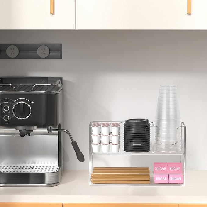 Coffee Condiment and Cup Organizer - 2-Tier Upright Cup and Lid Holder with Straw Organizer 4 Compartments Clear Acrylic Cup Dispenser for Restaurant Breakroom Coffee Station Countertop