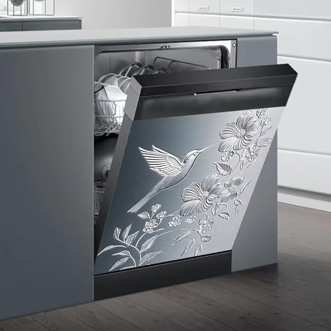 Dishwasher Magnet Cover, Stainless Steel Hummingbird and Flowers Pattern Refrigerator Magnetic Vinyl Sticker for Dishwasher Door, Decorative Kitchen Appliance Panel Decal, 23Wx26H Inches