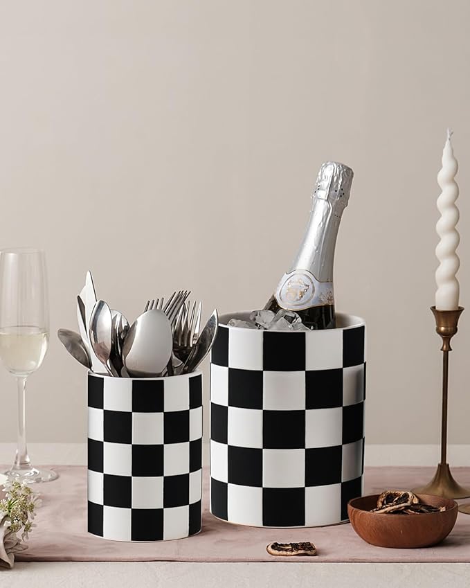 Checkered Utensil Holder, 7.1"+5.8" Inch Ceramic Spatula Holder, Black Cooking Kitchen Utensil Holder for Countertop, Kitchen Decor and Accessories for Counte