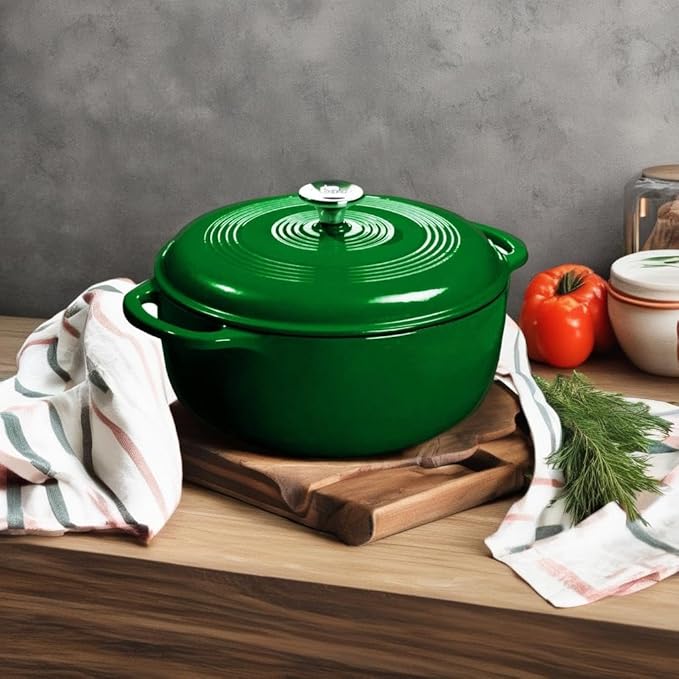 Lodge Essential Enamel Cast Iron Dutch Oven - Perfect for Bread Baking, Braising, Marinating & Slow Cooking - Features Moisture-Sealing Lid & Dual Handles - Kitchen Essentials - 6 Quarts - Evergreen