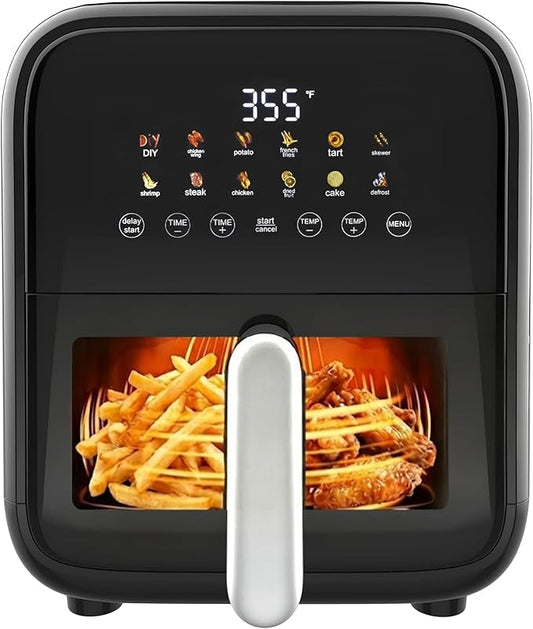 Simple Deluxe 12-in-1 Air Fryer 7.5 Qt, Digital Preset & DIY Function Airfryer with Visible Window, Nonstick and Dishwasher-Safe Basket, Chicken, Fries, Fish, Tart, Cake, DIY, Black