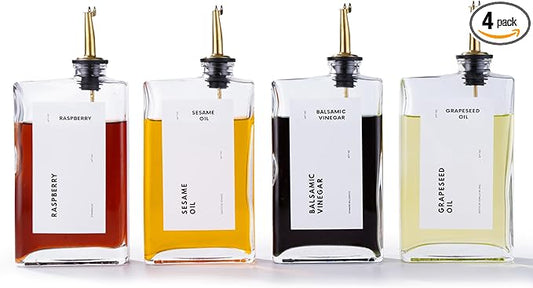 APT 1101 Olive Oil Dispenser for Kitchen, Cooking Oil and Vinegar Dispenser Set, Olive Oil Bottle, Soy sauce dispenser, coffee syrup bottles with stainless steel pourers - 4 pcs, Gold