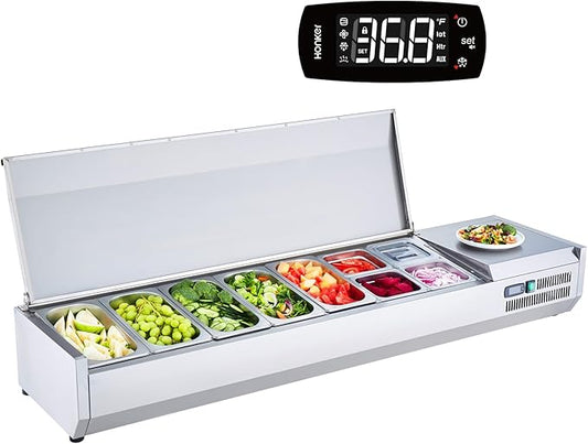 VEVOR Condiment Prep Rail Station, 160 W Countertop Refrigerated Condiment Station, with 5 1/3 4 1/6 Pans, 304 Body and PC Lid, Sandwich Prep Table with Stainless Guard, ETL, Silver