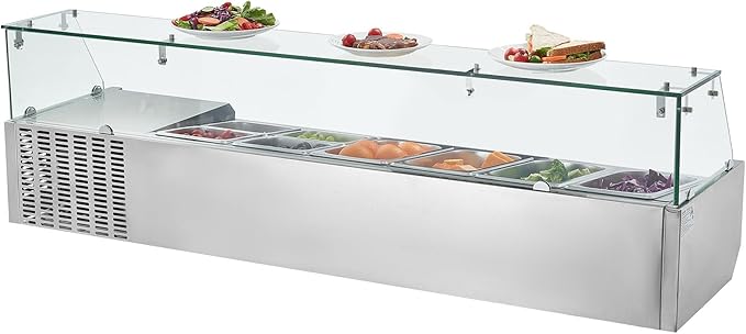 VEVOR Refrigerated Condiment Prep Station, 130 W Countertop Refrigerated Condiment Station, with Four 1/3 Pans & Four 1/6 Pans, 304 Stainless Body and PC Lid, Sandwich Prep Table with Glass Guard