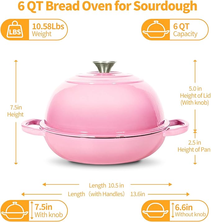 ONKO Dutch Oven For Sourdough Bread Baking, 6QT Enameled Cast Iron Dutch Oven Pot With Lid, Non-stick Sourdough Baking Pan with Bread Dome, Round Ceramic Dutch Ovens Pot with Cloche for Homemade