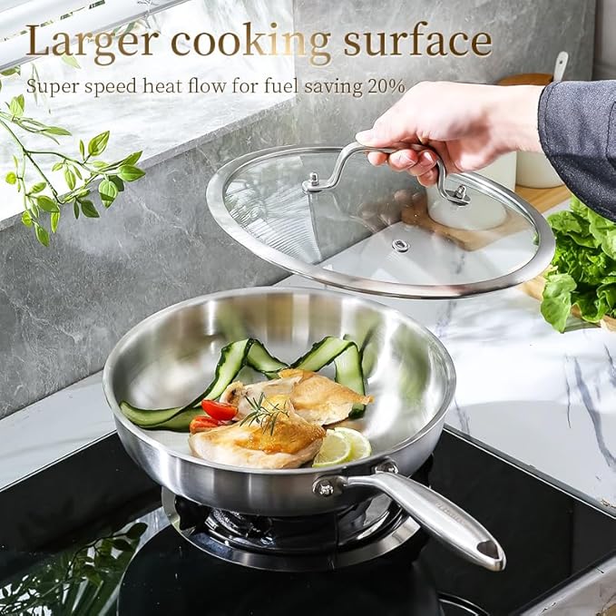 DELARLO Tri-ply Stainless Steel Frying Pan Set with Lid 8" 10" Induction large Skillets Chef's Pan,Pots and Pans Set Kitchen Cookware Set Suitable for All Stove