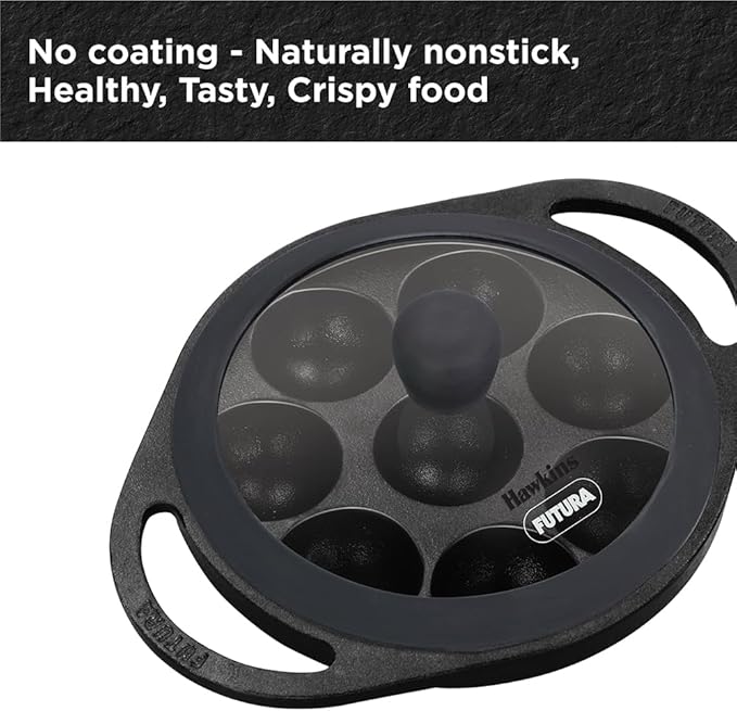 Hawkins Futura 16 cm Cast Iron Appe Pan, Non Stick Paniyaram Pan with Glass Lid, 8 Cups Paniyarakkal Pan, Litti Pan, Kuzhi Paniyaram Pan, Ponganalu Pan, Black (CIAP16G)