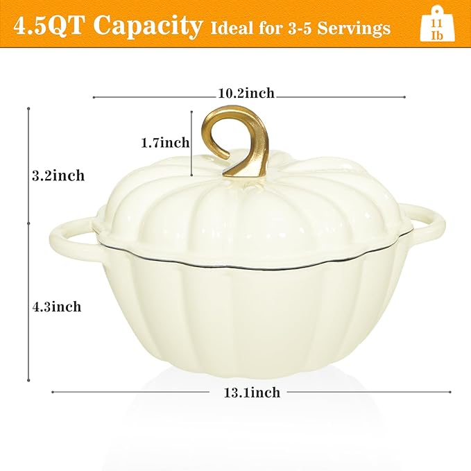 Pumpkin Cast Iron Dutch Oven with Lid, 4.5 QT Heavy-Duty Enameled Pot with Dual Handles, Serves 3-5, Oven Safe for Bread Baking, Braising, Cooking and Family Gifts, White