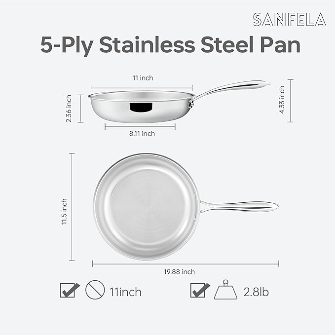 11 Inch Stainless Steel Frying Pan, 5-Ply Stainless Steel Skillet, Dishwasher and Oven Safe, Induction Pan, Even Heat Distribution