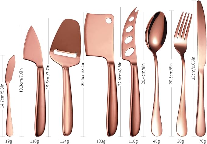 Rose Gold Cheese Knives Silverware 8 Pieces inlude dinning Knife Fork Spoon Stainless Steel Kitchen Gadget Baking Utensils Cooking Tool Multifunctional Durable