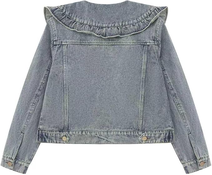 Xaspee Womens Peter Pan Collar Cropped Jean Jacket Embroidered Jacquard Long Sleeve Casual Floral Denim Jackets Coat