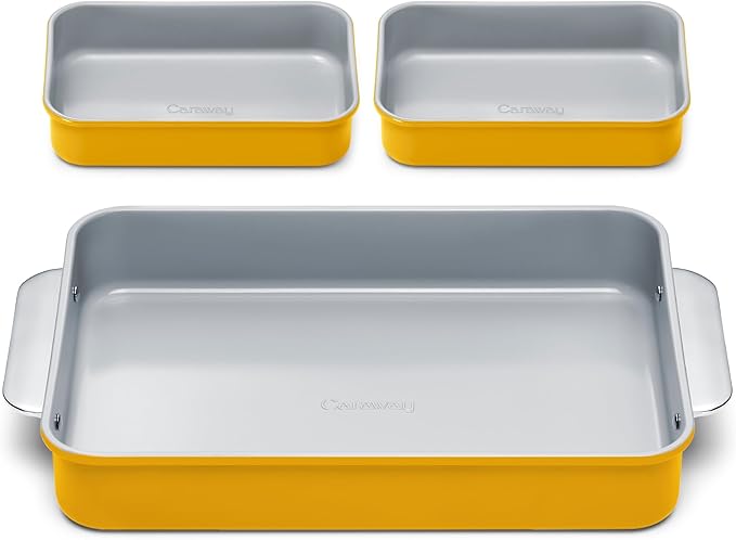 Caraway Nonstick Rectangle Baking Pan Set – 2x 9" x 6.5" & 1x 9" x 13" - Non-Toxic, PTFE & PFOA Free – Aluminized Steel Core – Deep Ceramic Baking Pan for Casseroles, Lasagna & More - Marigold