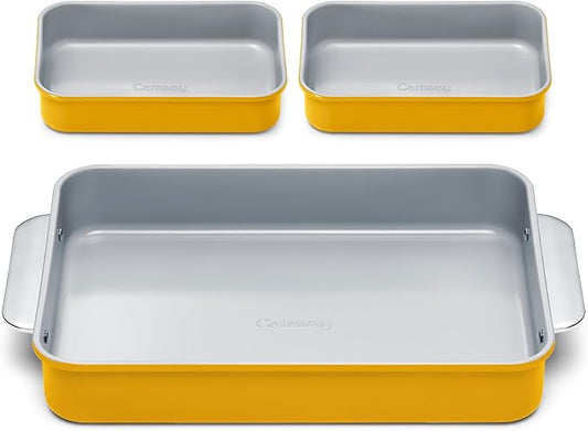 Caraway Nonstick Rectangle Baking Pan Set – 2x 9" x 6.5" & 1x 9" x 13" - Non-Toxic, PTFE & PFOA Free – Aluminized Steel Core – Deep Ceramic Baking Pan for Casseroles, Lasagna & More - Marigold