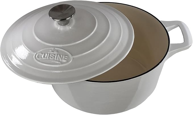 La Cuisine Enameled Cast Iron Dutch Oven Casserole Dish Pot with Lid 5 QT 10.3" /26cm Cream White Enamel Coating Interior, White Enamel Coating Exterior, Oven Safe up to 500° F