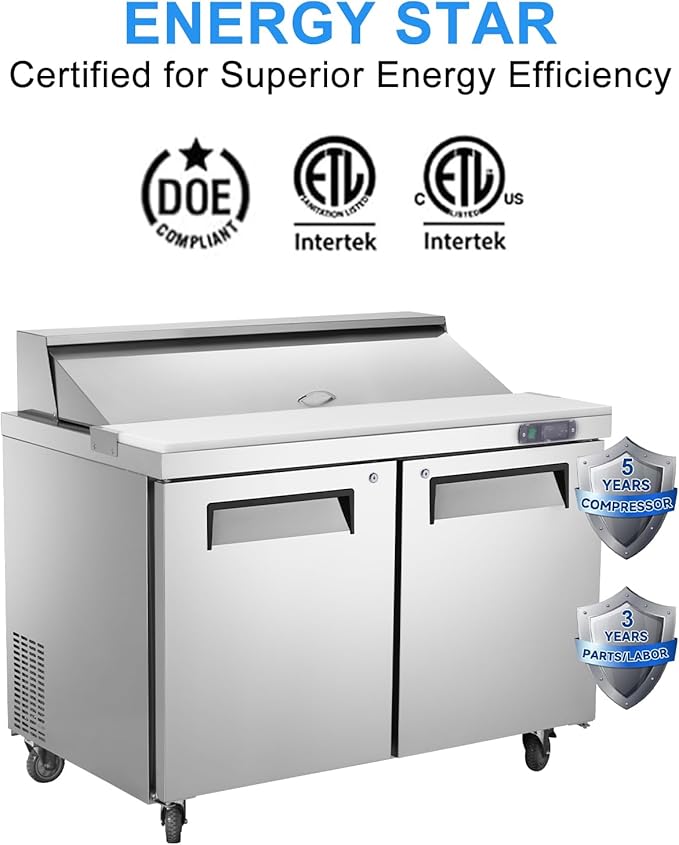 JINSONG 48" Commercial Refrigerator Sandwich Prep Table, 2 Door Salad Bar Buffet Station, Stainless Steel Refrigerated Food Prep Table with Cutting Board & 12 Pans for Restaurant Deli Bar