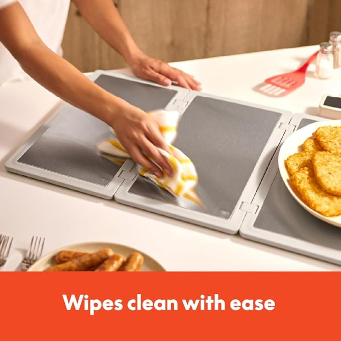 bella Fold & Store Warming Tray, Fits-anywhere Kitchenware, Touchscreen Controls w Adjustable Temperature & Timer, 24.8” to 8.3” wide, Auto Shutoff & Stainless Steel Warming Pads, 300 Watt, Oatmilk
