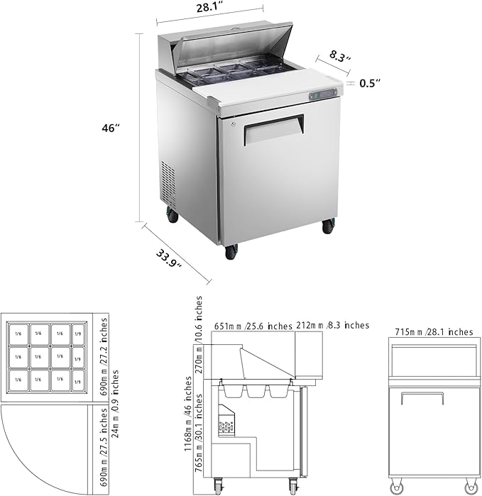 JINSONG 28" Refrigerator Sandwich & Salad Prep Table, Stainless Steel Refrigerated Food Prep Station, 7.4 cu. ft with Cutting Board and 12 Pans for Restaurants, Bar, Shops, etc