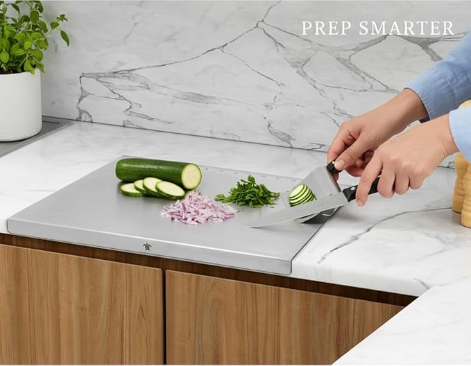 Stainless Steel Cutting Board with Lip | Small size | With Free Dough Cutter for Kitchen Needs | Countertop Metal Baking Board | Meat Chopping | Dishwasher Safe, 15.74 | Mothers Day gift