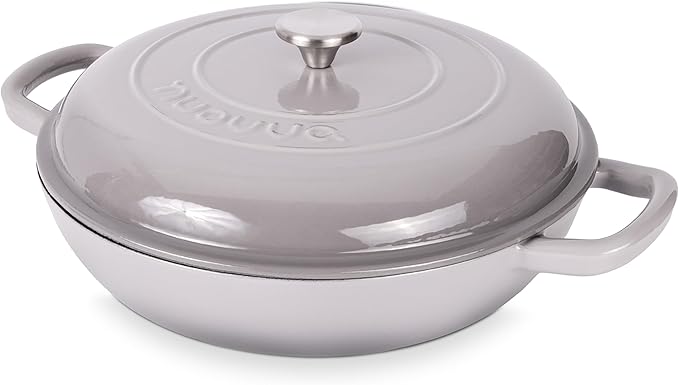 Shallow Cast Iron Casserole with Lid – Non Stick Dutch Oven Pot, Oven Safe up to 500° F – Sturdy Ovenproof Stockpot Cookware – Enamelled Cooking Pot – Grey, 5-Quart, 32cm – by Nuovva