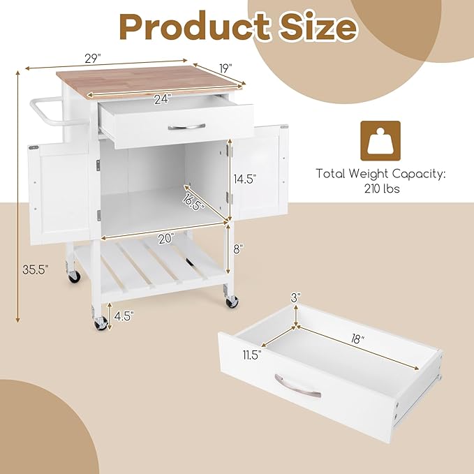 Giantex Rolling Kitchen Island Cart, Mobile Serving Cart with Drawer, 2-Door Storage Cabinet, Storage Shelf, Towel Rack, Food Prep Utility Cart on Wheels for Dining Room, Living Room (White)