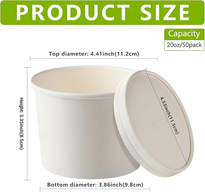 50 Pack 20oz White Paper Soup Containers with lids, Ice Cream Bowl with Lids, Disposable Ice Cream Cup Dessert Bowls for Party Supplies, Restaurants & Takeout