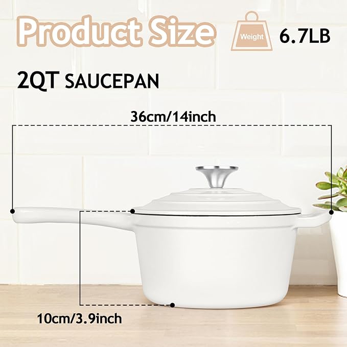 TeamFar Enameled Cast Iron Sauce Pan, 2QT Small Sauce Pot with Lid, Mini Dutch Oven Saucepan for Cooking/Boiling/Simmering/Baking, Sturdy & Nonstick, Oven Safe & Fit for Induction- White