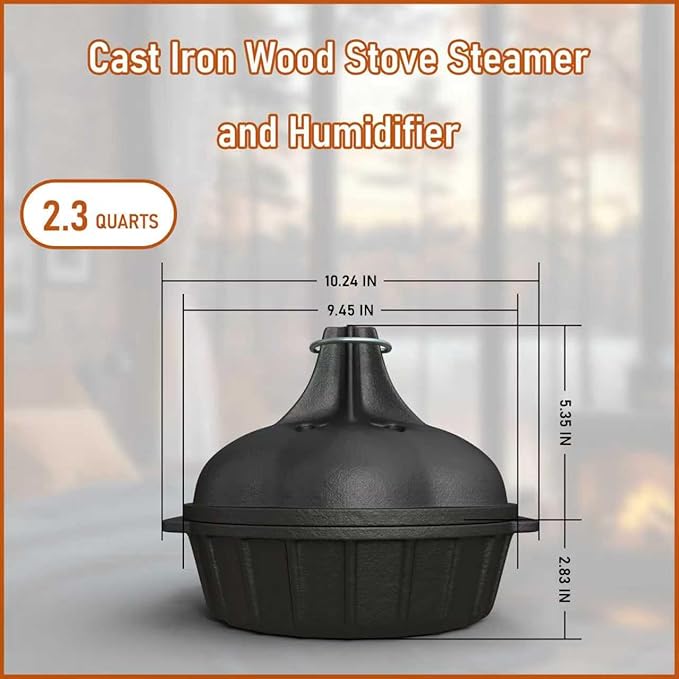 Wood Stove Steamer & Woodstove Steamer Stove Humidifier Cast Iron, 2.3 Quart Round Fireplace Humidifier & Simmer Pots with Heart-shaped Vent At The Top Covers (Round-1)