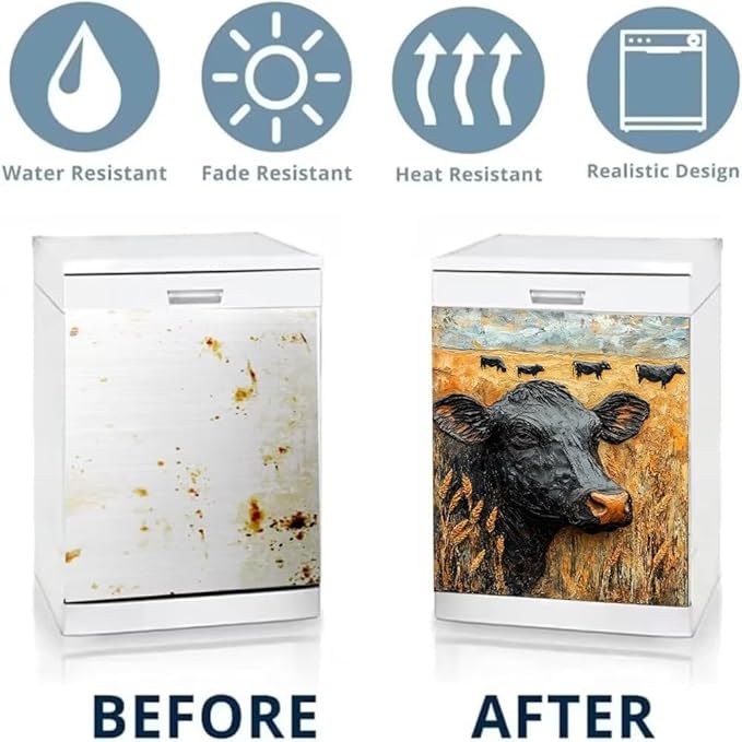Black Cow in Wheat Field Dishwasher Magnet Cover, Rustic Farm Animal Refrigerator Magnetic Vinyl Sticker for Dishwasher Door, Decorative Kitchen Appliance Panel Decal, 23Wx26H Inches