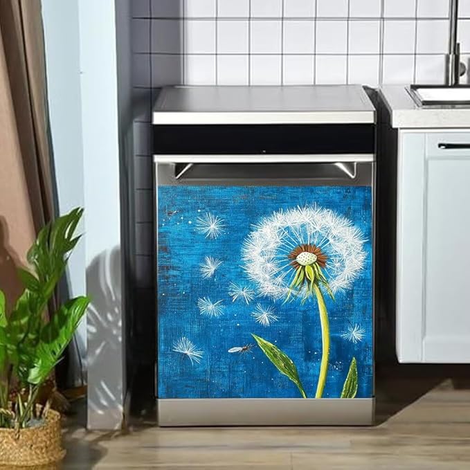 Dandelion Dishwasher Magnet Cover, Rustic Farmhouse Refrigerator Magnetic Vinyl Sticker for Dishwasher Door, Floral Decorative Kitchen Appliance Panel Decal, 23Wx26H Inches