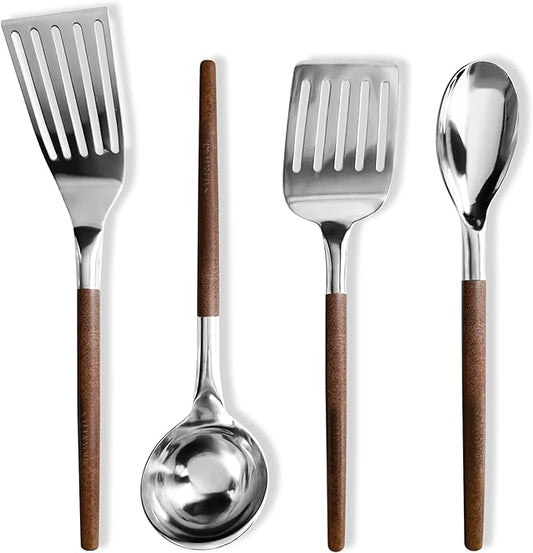 Salt & York 4-Piece Stainless Steel Cooking Utensil Set – Handcrafted Walnut Wood Handles, Mirror-Polished 18/8 Steel – Durable, Heat-Resistant Kitchen Tools & Premium Gift for Home Cooks