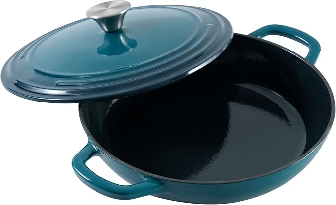 Braiser Enameled Cast Iron Braiser 3 qt Braiser Pan with Lid DarkCyan Shallow Cast Iron Casserole Braiser Pan with Handels