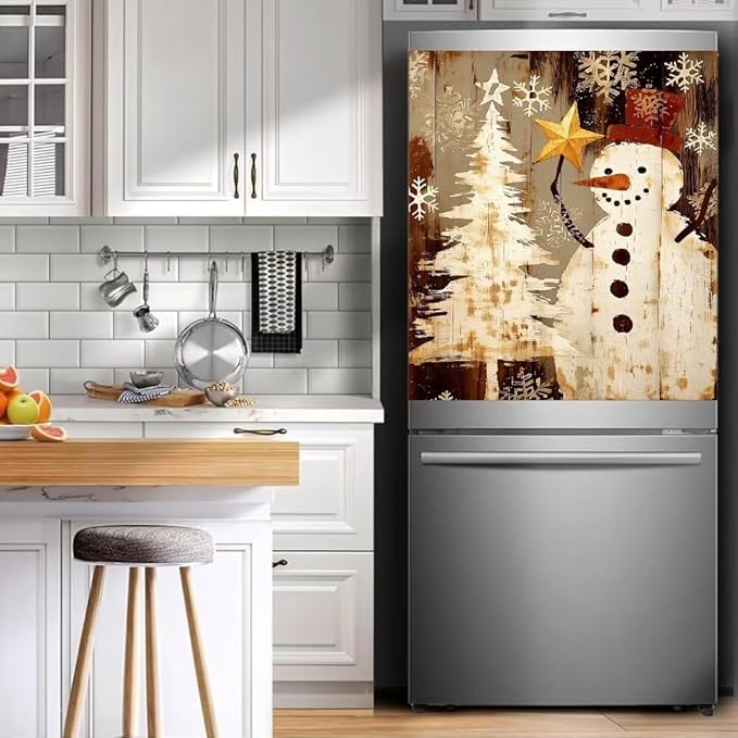 Christmas Snowman Dishwasher Magnet Cover, Rustic Winter Holiday Theme Refrigerator Magnetic Vinyl Sticker for Dishwasher Door, Decorative Kitchen Appliance Panel Decal, 23Wx26H Inches