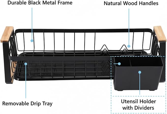 Dish Rack, Over Sink Metal and Wood Dish Drainer with Detachable Drip Tray and Utensil Holder, Space Saving Kitchen Organizer for Countertop (Black)