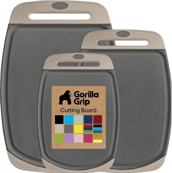 GORILLA GRIP BPA-Free Reversible Kitchen Cutting Board Set of 3, US Designed, Nonporous, Juice Grooves Catch Liquid, Slip Resistant Border, Dishwasher Safe, Durable Food Chopping Boards, Gray Almond